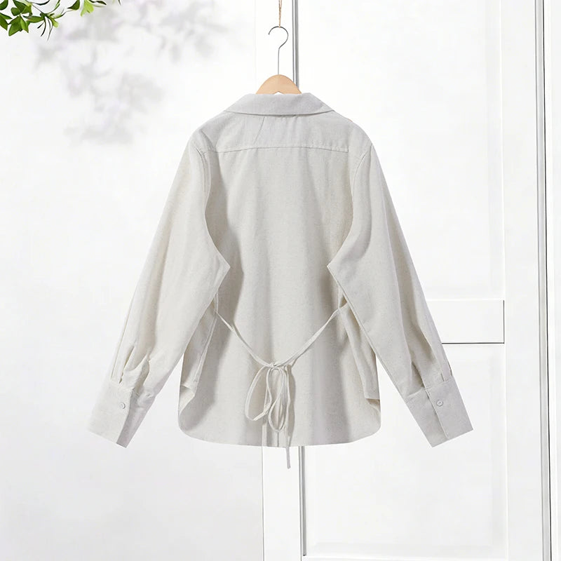 Linen Lace-Up Shirt & Wide-Leg Pants Set — Women's 2-Piece