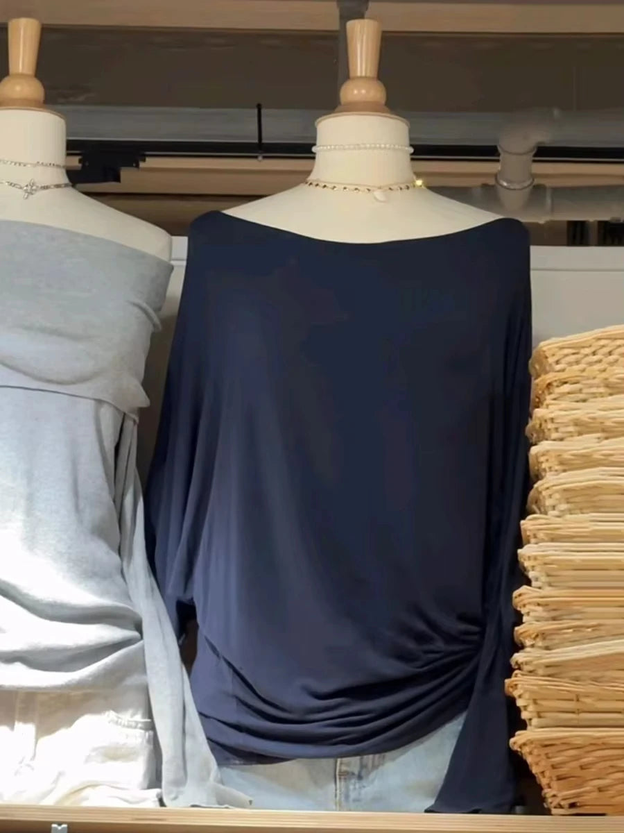 Long Batwing Sleeve T-shirts Woman Sexy Slash Neck Cotton Tee Shirts Female Casual Simple All-match Tshirts New Y2k Tops