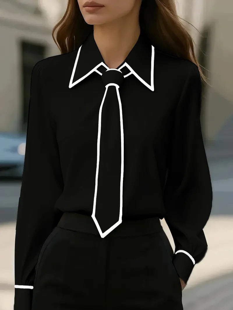 Women's Bow Tie Office Blouse - Long Sleeve Contrast Trim Shirt - photo 9