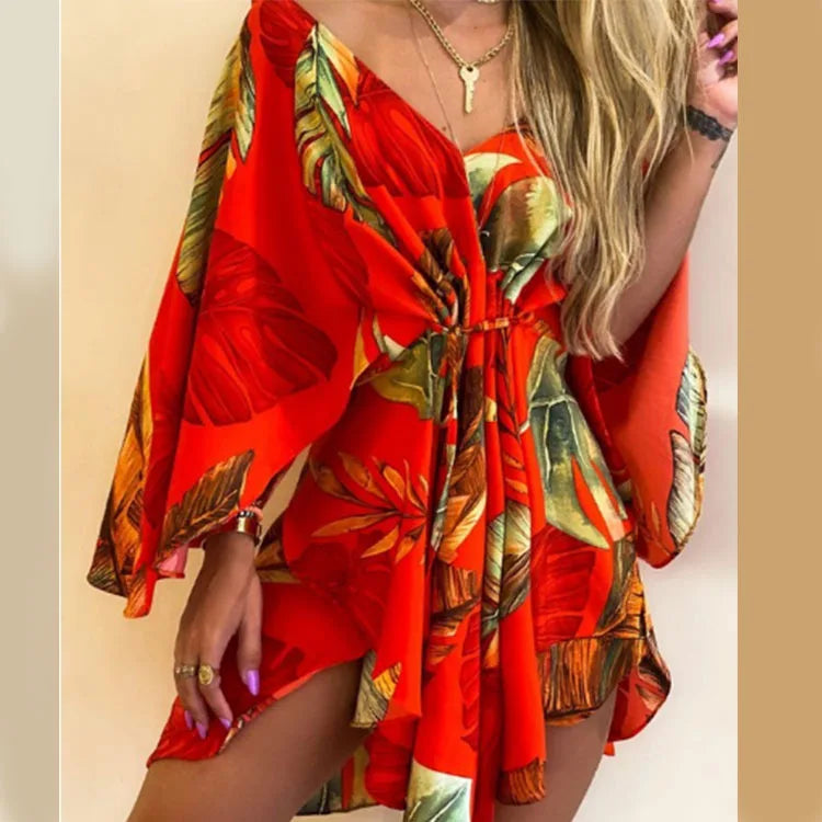 Women's Floral Print Bohemian Beach Sundress – V-Neck Bat Sleeve Ruffle Loose Summer Mini Dress