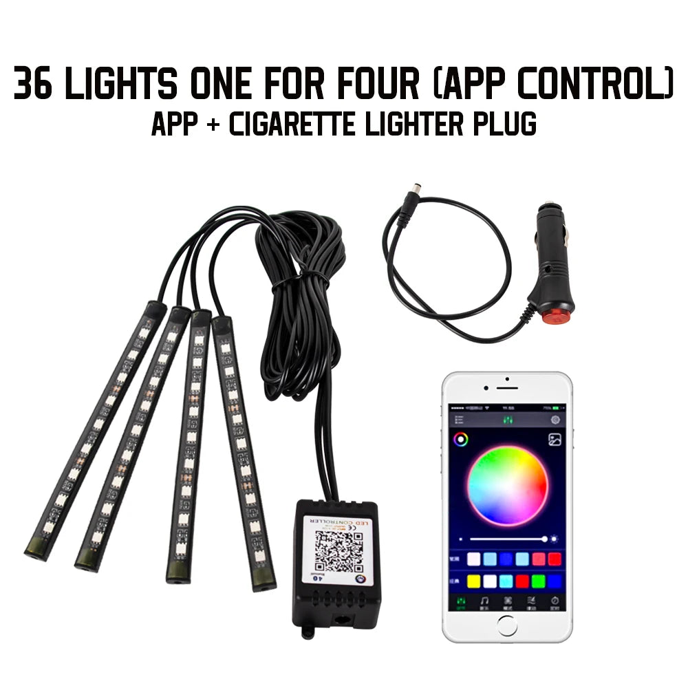 RGB LED Car Interior Ambient Light Strip – 36/48/72 LED Remote & App Music Control | USB or Cigarette Lighter | Atmosphere Foot Light