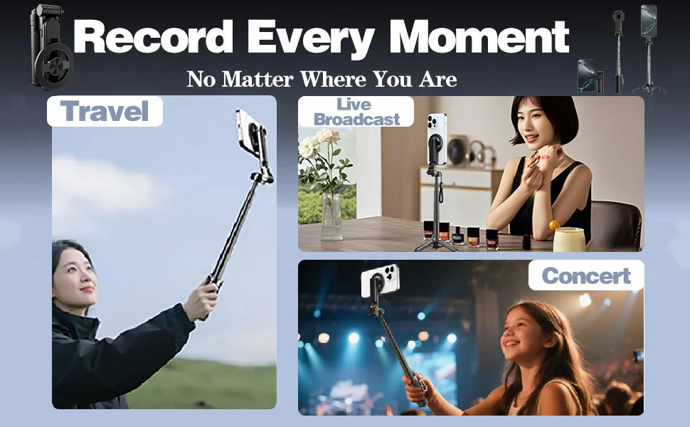 Magnetic Pocket Selfie Stick, 4 in 1 Magnetic Selfie Stick Tripod Stand for iPhone, 360° Rotation Extendable Detachable Tripod