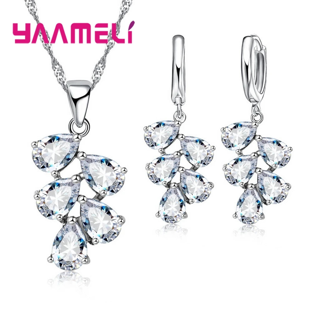 Anniversary Gift For Women Trendy 925 Sterling Silver Jewelry Sets Cubic Zirconia Pendants Necklaces Charm Hoop Earrings