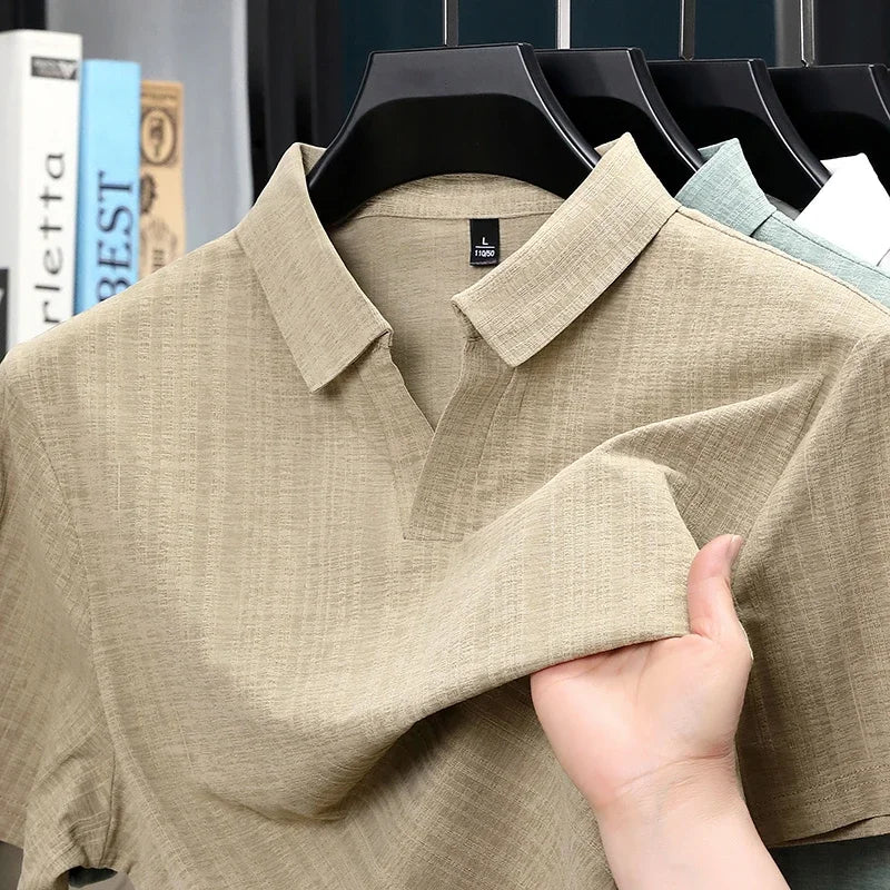 Men's Linen-Blend Polo - Minimalist Plain Lapel, Breathable Soft