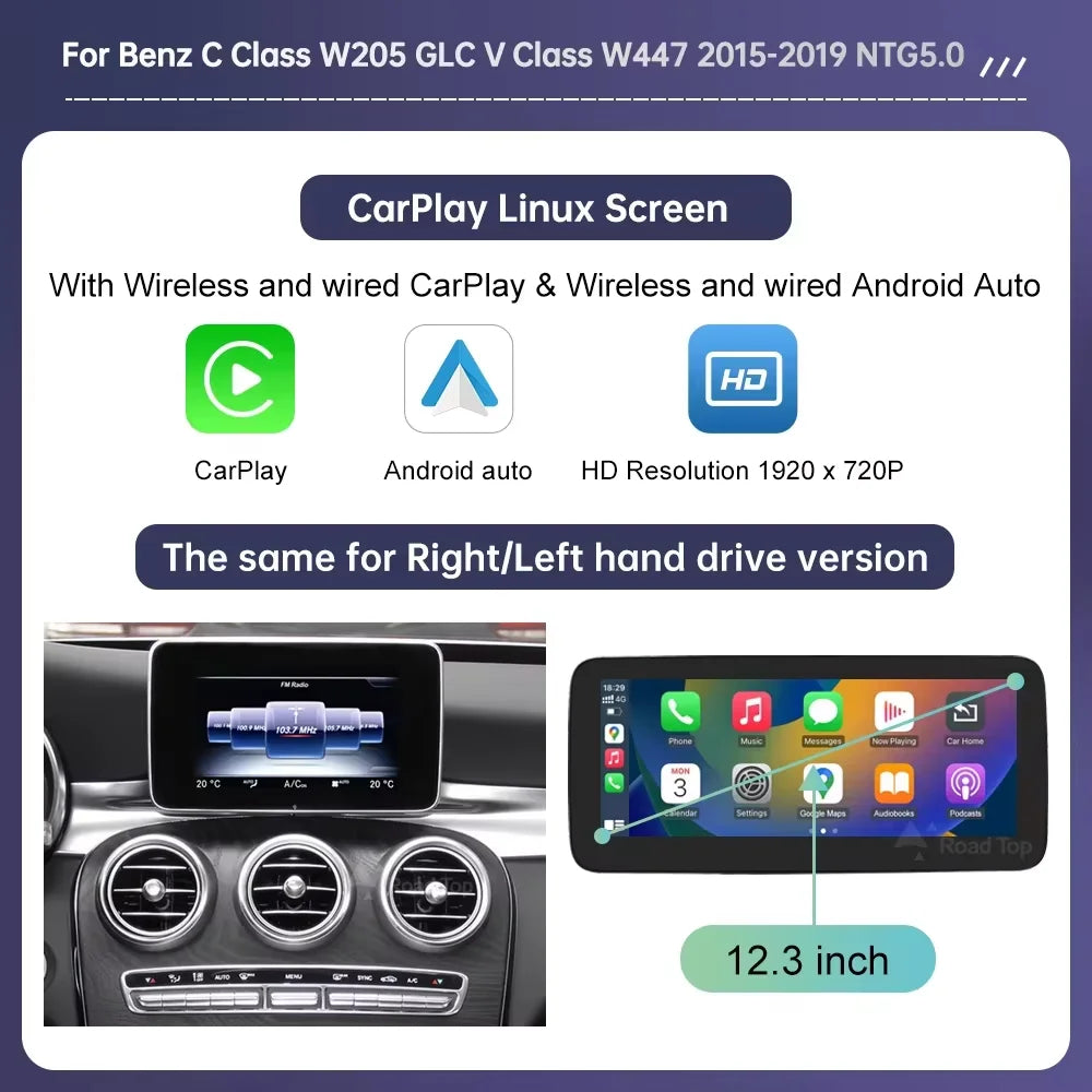 New 12.3" Linux Touch Screen for Mercedes Benz W205 GLC C V Class V447 GLA CLA NTG5.0 2015-2019 Wireless Carplay Android Auto