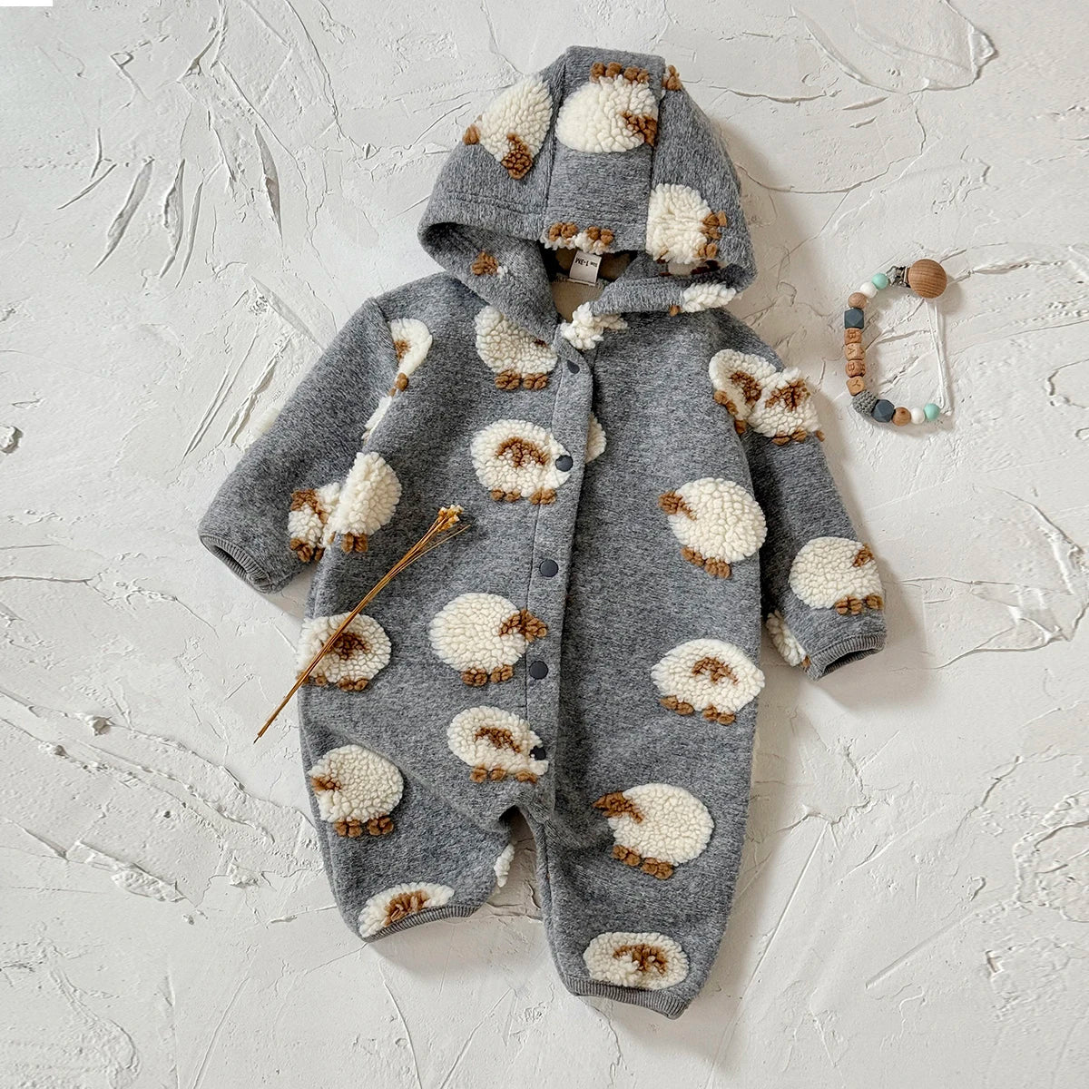 Baby Lamb Embroidered Hooded Romper - Soft Button-Front Onesie - photo 6