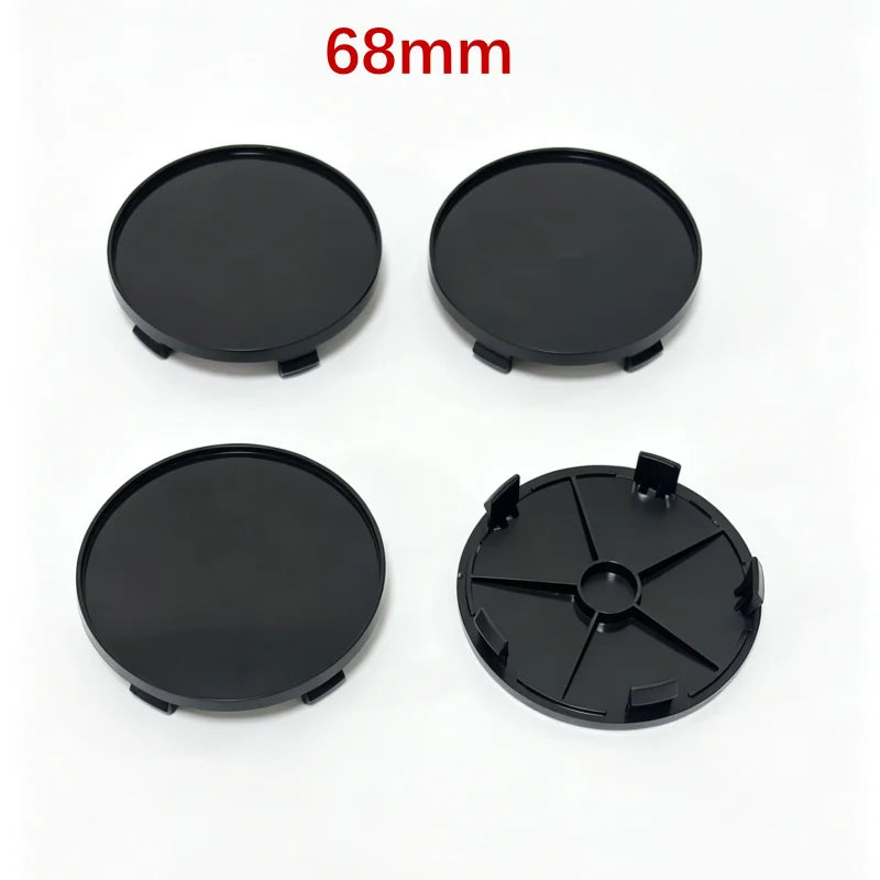 Blank Wheel Centre Caps (4-Pack) — Universal Hub Covers, No Logo, 48mm–68mm, Black/Chrome/Silver