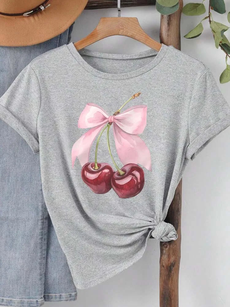 Women's Cherry-Print Tee — Crew-Neck Casual Short-Sleeve Top