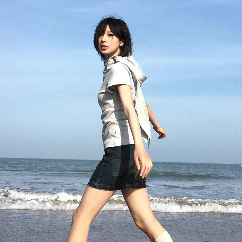Y2K Hooded Tee – Rabbit-Ear Zip Harajuku Short-Sleeve Top