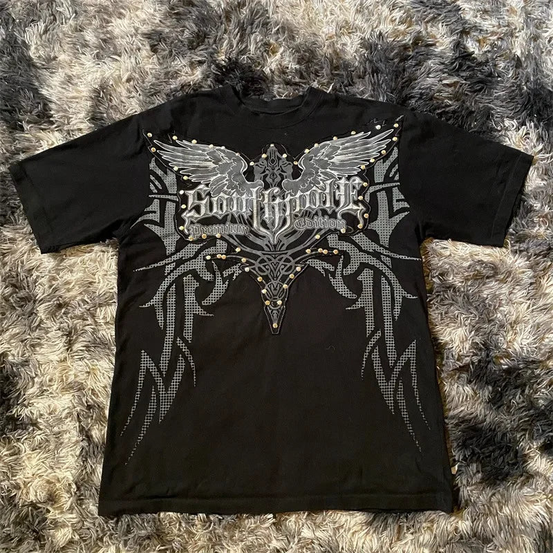Y2K Gothic Print Oversized T-Shirt — Unisex Cotton Round-Neck Streetwear Tee