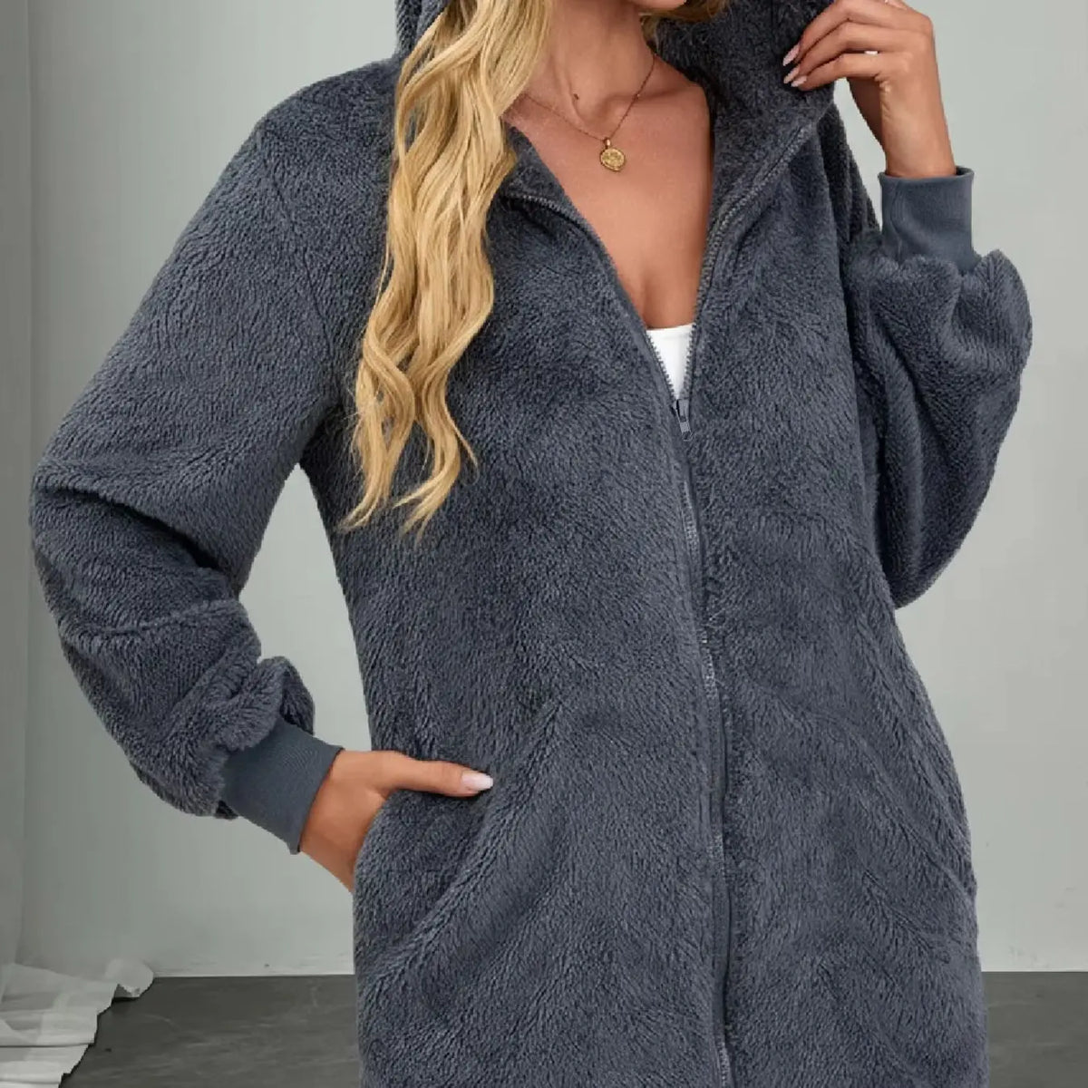 Women's Plush Zip Up Hoodie Jacket - Loose Fleece Coat with Pockets - photo 6
