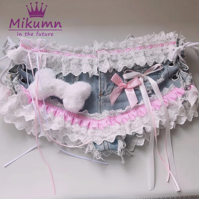 Mikumn Harajuku Y2k Women Sexy Lace Shorts Punk Girls Sweet Bow Angel Wing Bone Lace-up Low Waist Denim Shorts Jeans Streetwear