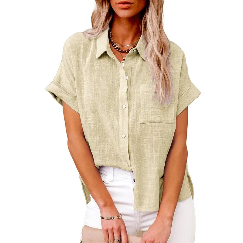 Women's Cotton-Linen Blouse — Loose Short-Sleeve Casual Summer Top