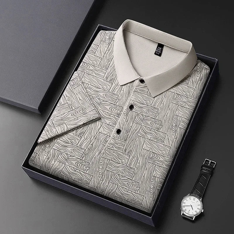 Men's Print Lapel Polo - Wood-Tile Pattern, Half-Button Placket