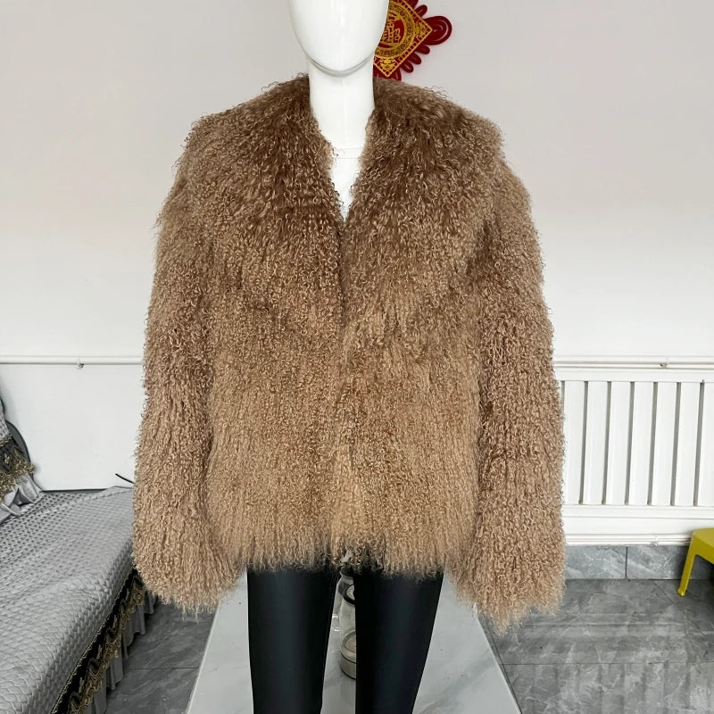 Women's Mongolian Sheep Fur Coat, Turn-Down Collar