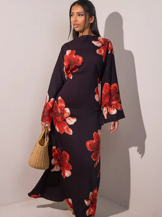 Women's Floral Print Abaya Party Dress – Muslim Kaftan Jalabiya