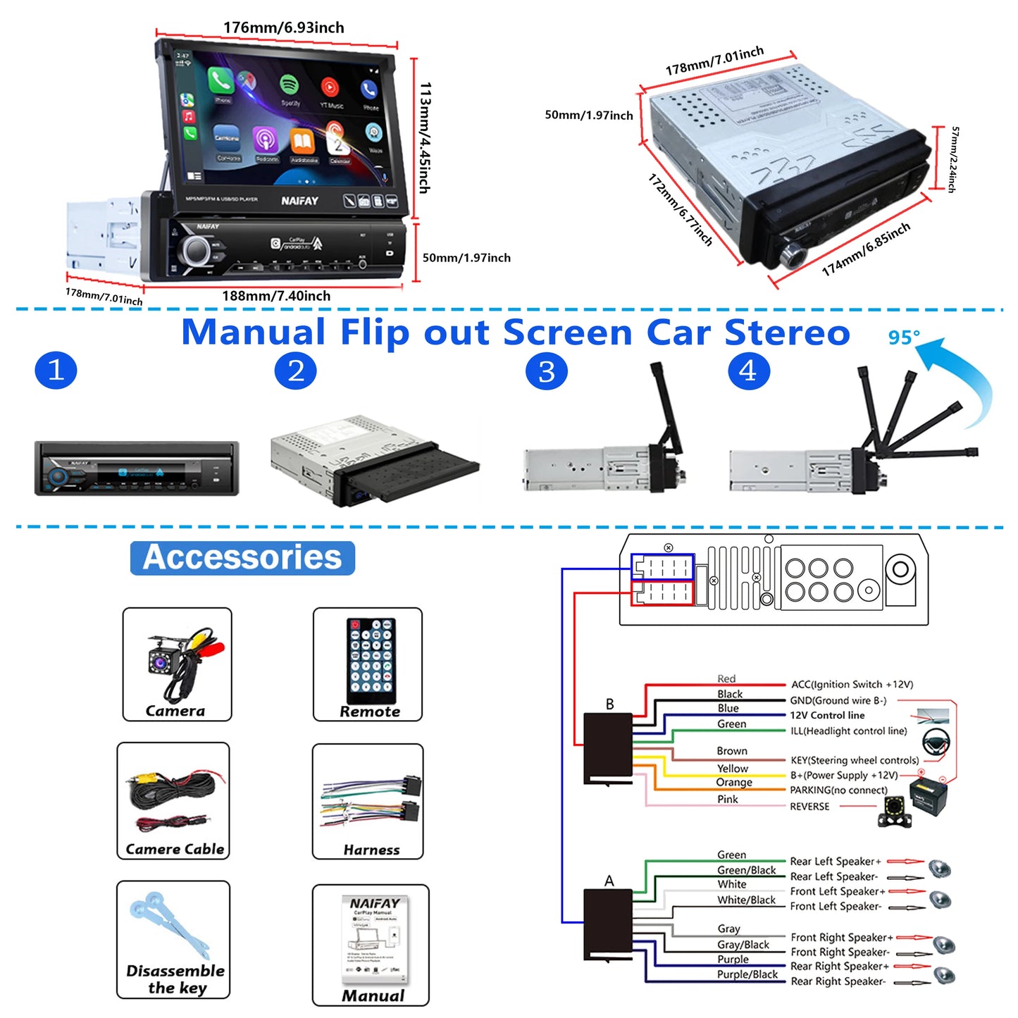7" 1-DIN Retractable Touchscreen Car Stereo — CarPlay, Android Auto, Rear-View Camera, Bluetooth, USB/AUX/TF