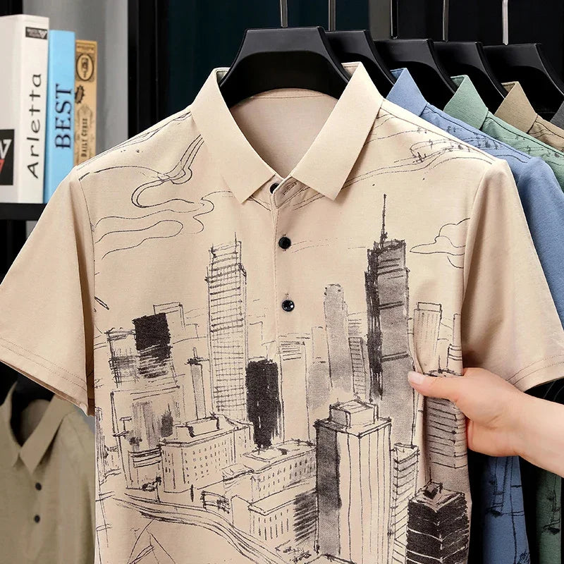 Men's Line-Drawing Polo - Soft Elastic Knit, Two-Button Lapel