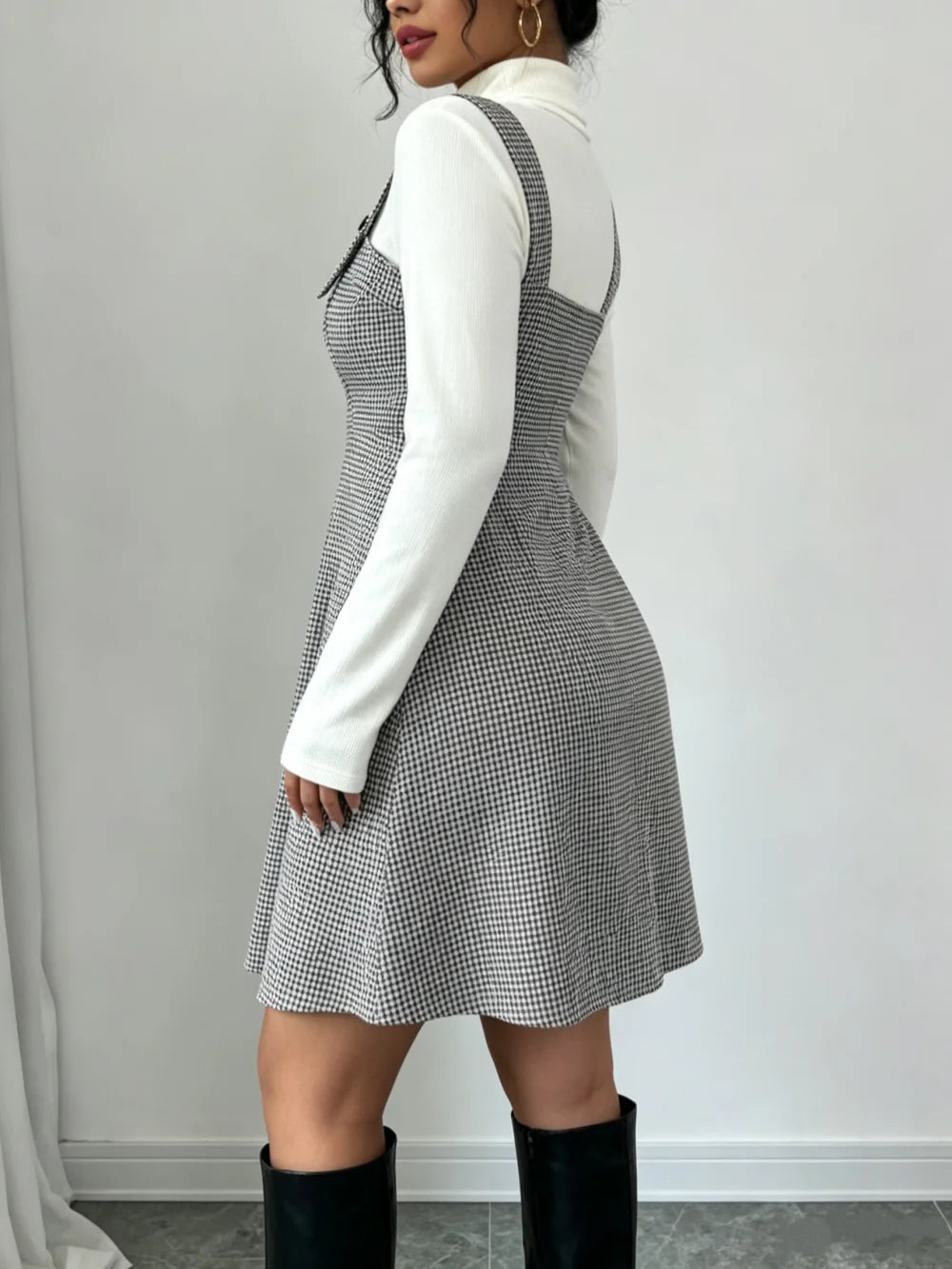 Women Vintage Houndstooth Pinafore Dress High Waist A-Line Mini Dress Adjustable Button Strap Sleeveless Suspender Skirt