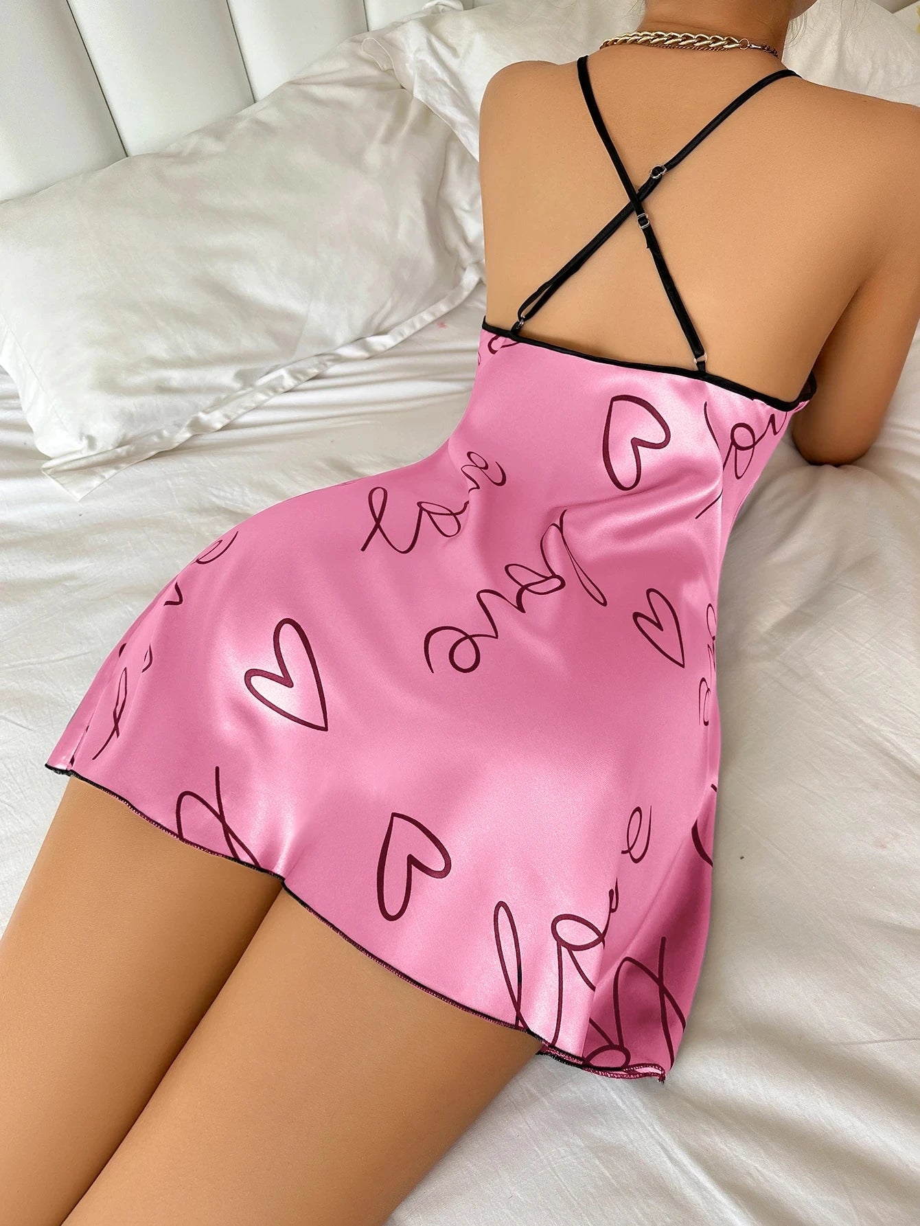 Women's Heart & Letter Print Nightdress – Sexy Sleeveless Satin Slip Sleepwear | S–XL (6 Colors)