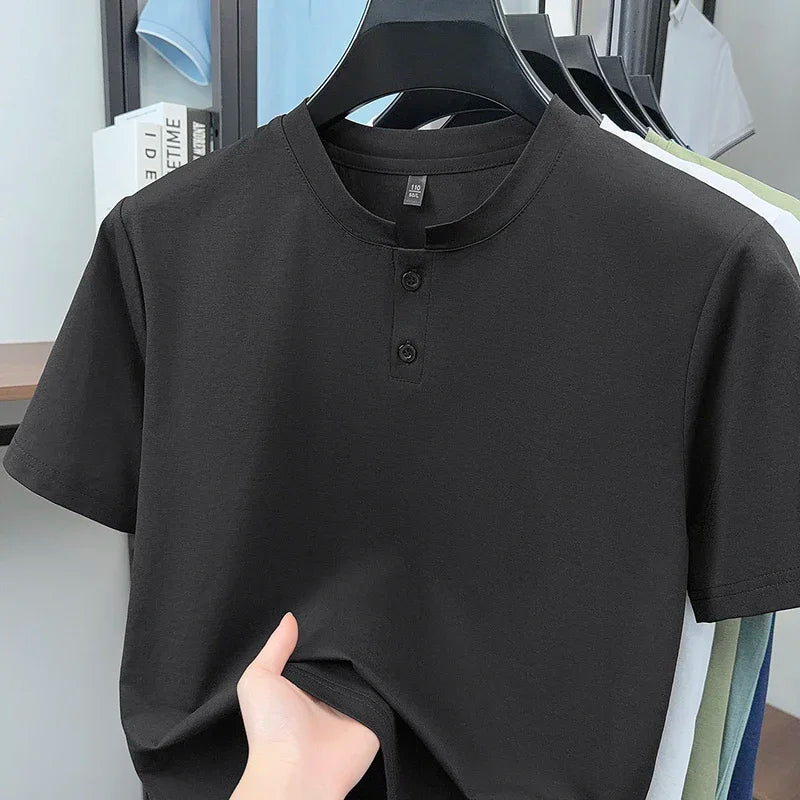 Men's Thin-Knit Henley - Two-Button Split Neck, Slim Elastic Fit