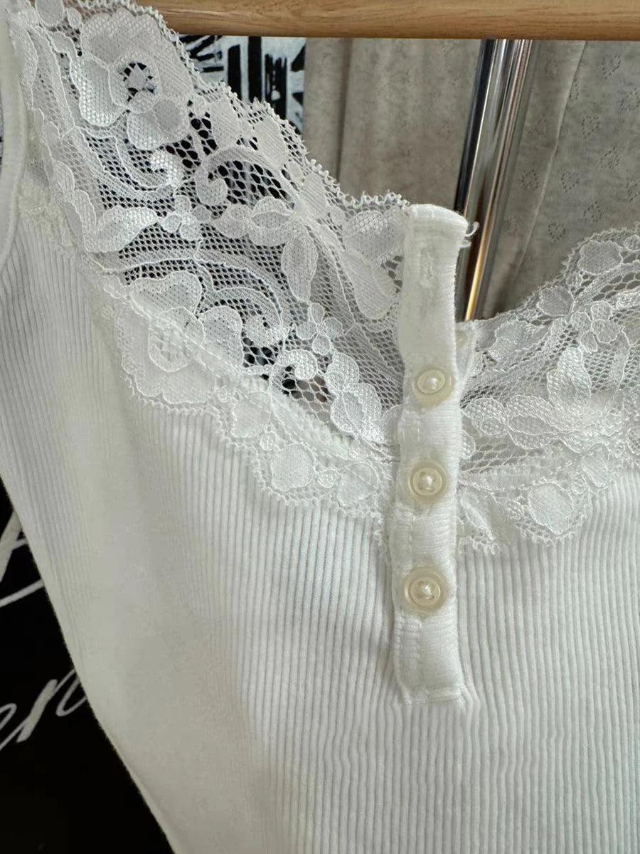 Lace Trim Buttons Ribbed Slim Tank Top Woman Summer Sleeveless Cotton White Simple Vest Vintage Sweet Basic Camisole Y2k Tops