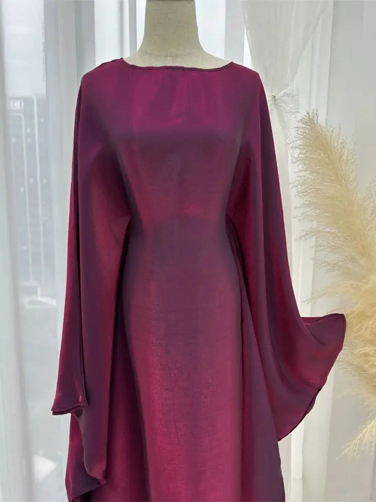 Shimmer Batwing Satin Abaya – Luxury Muslim Kaftan Dress for Eid & Ramadan