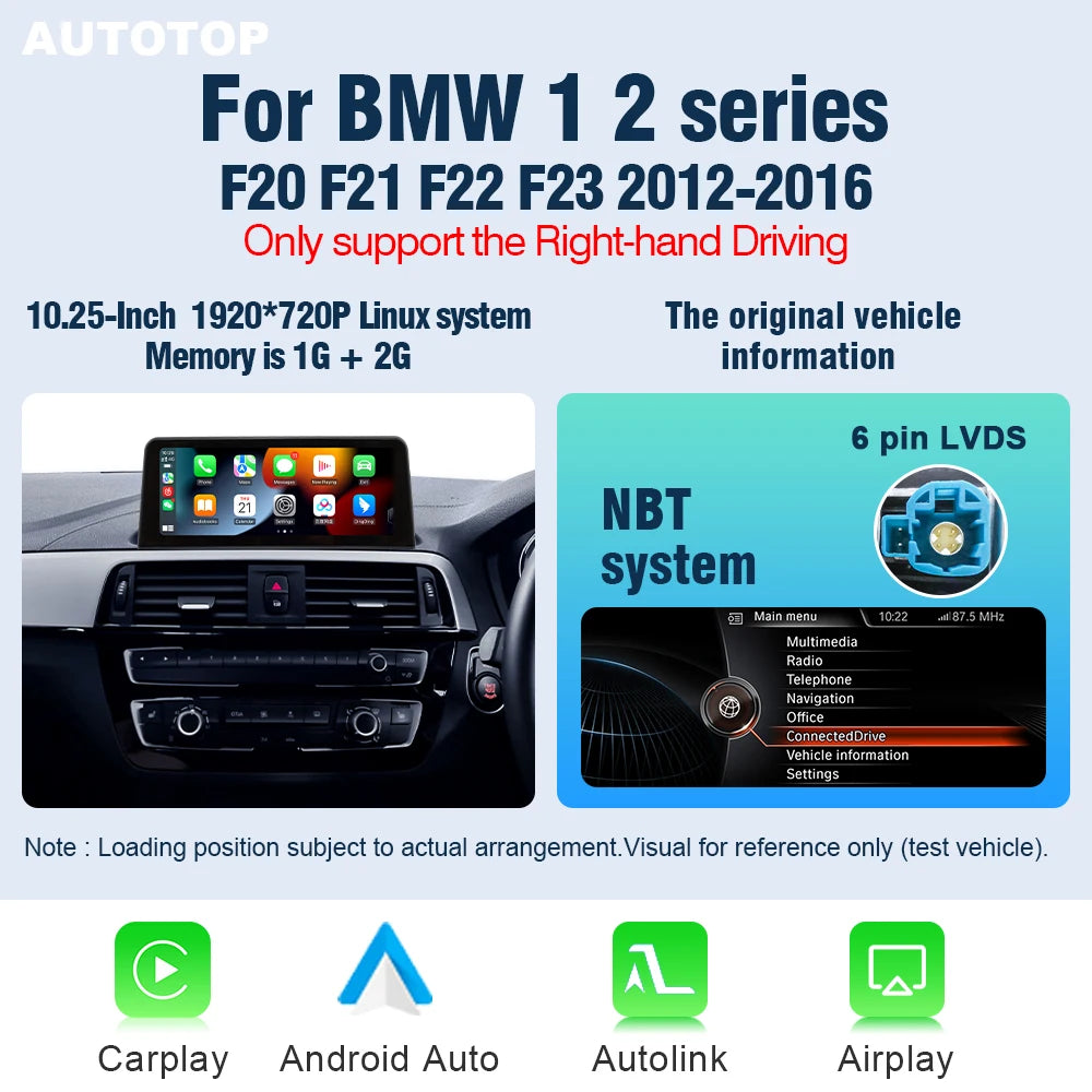 AUTOTOP 10.25" 1920*720 Car Replacement Radio Display for BMW 1 2 series F20 F21 F22 NBT 2026-2026,Wireless CarPlay Android Auto