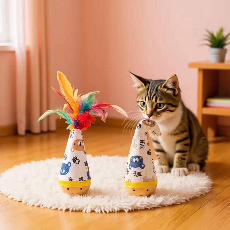 A cartoon-printed cat figurine doll toy. The sturdy wooden base provides a platform for the cat to exercise and play.