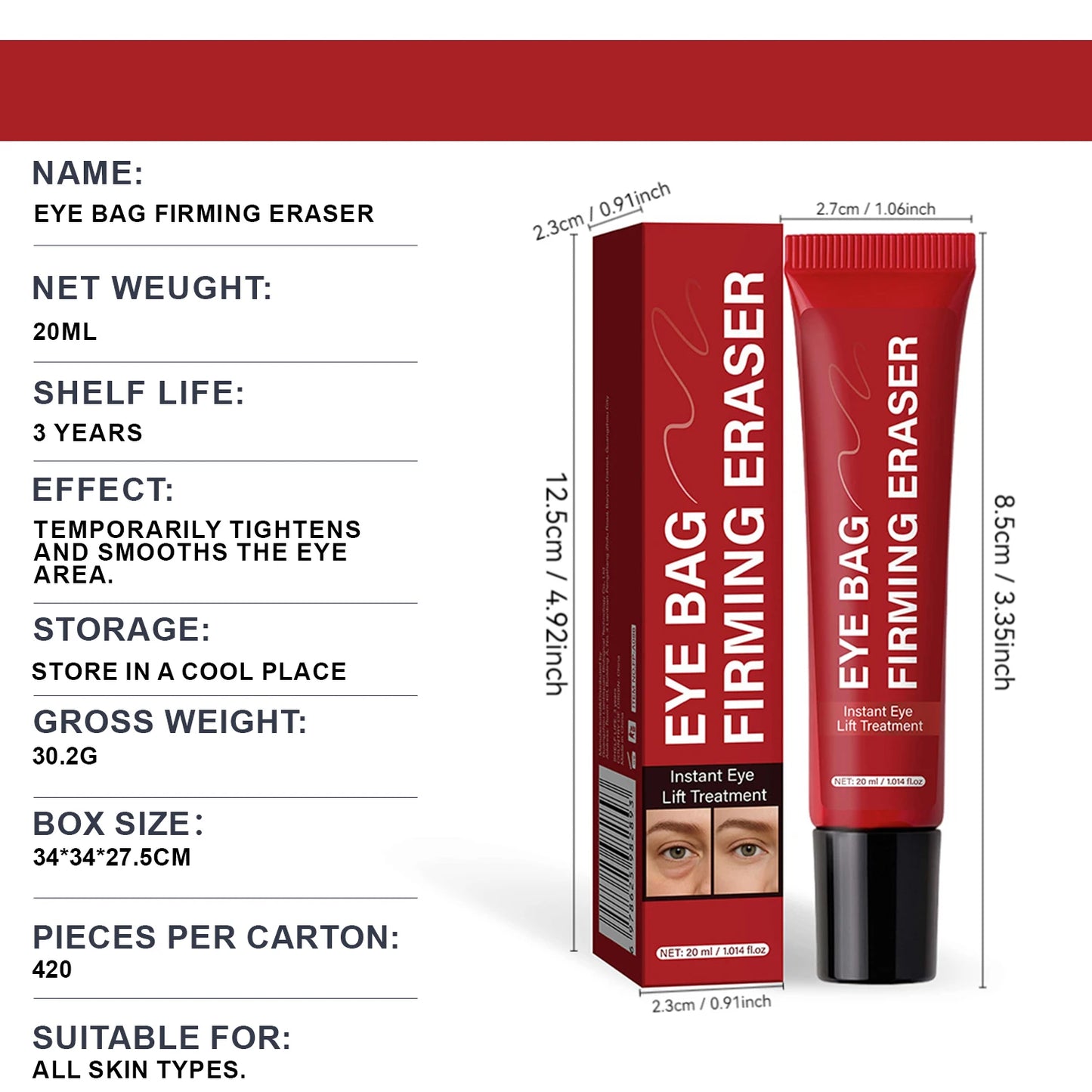 Eye Bag Firming Eraser Instant Eye Lift Treatment Instantly Tightens & Smooths Eye Bags for Women, 20ml, Christmas Gifts