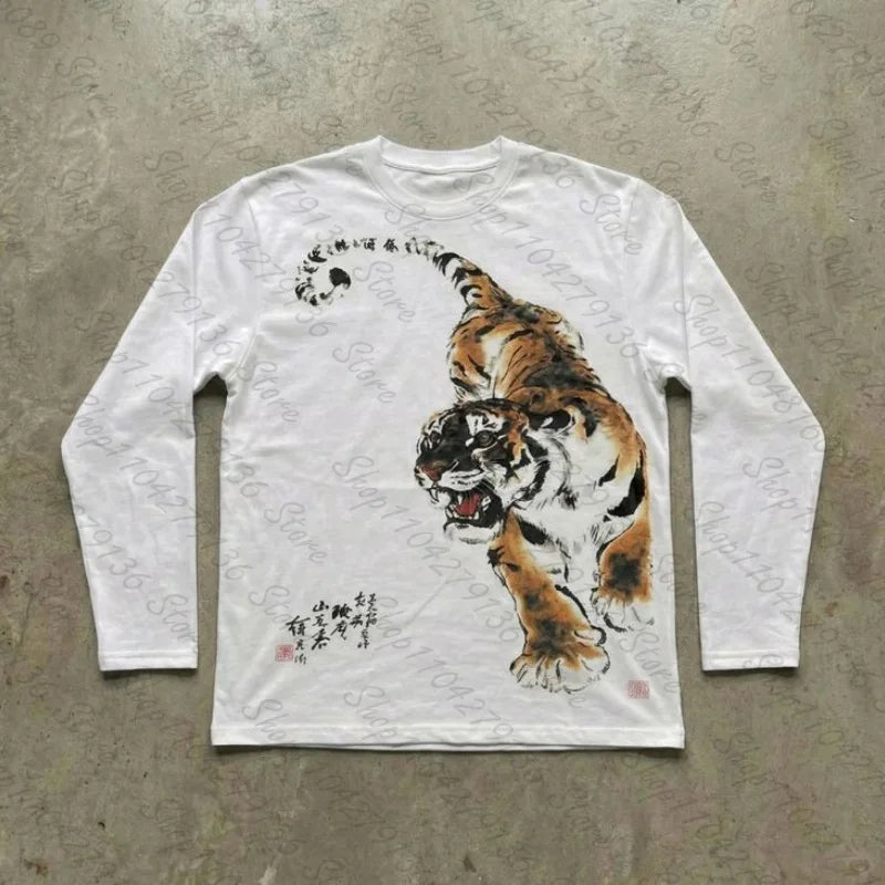 Women's Tiger-Print Long-Sleeve Tee — Y2K Novelty Graphic Top