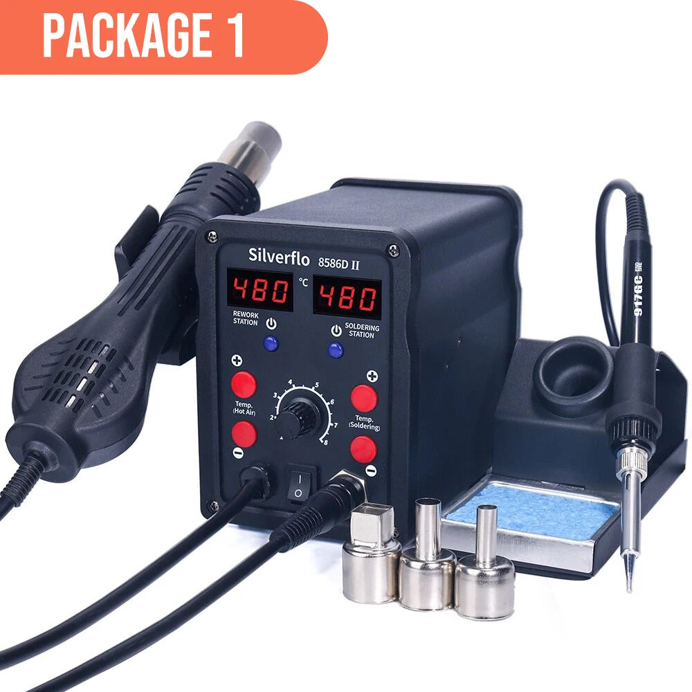 Silverflo 8586D Soldering Station 2 IN 1 Hot Air Solder Station with 2 Digital display,10-Minute Sleep Mode for SMD Rework