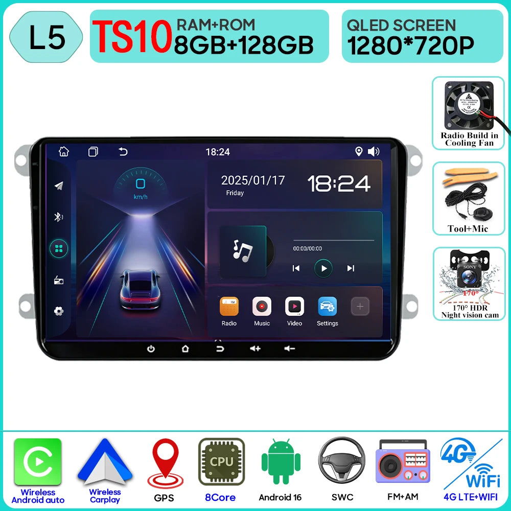 9" Android Car Stereo for VW T5, Jetta, Passat B6, Golf MK6, Tiguan, Touran, Scirocco & Skoda Rapid, Octavia, Seat Leon — CarPlay, GPS