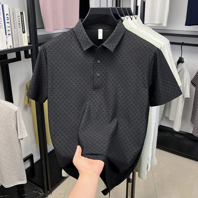 Men's Hollow-Grid Polo - Lapel Three-Button, Breathable Stretch