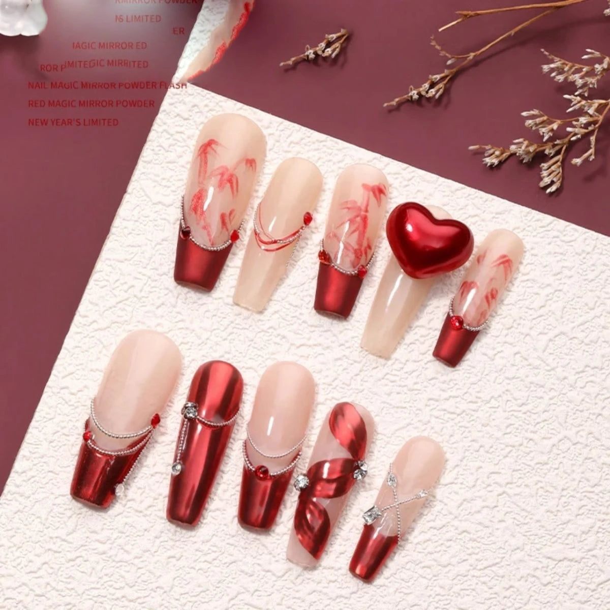 1 Jar Mirror Red Chrome Nail Glitters Powder Metallic Effect Pigment New Year Series Rubbing Dust Valentine Manicure Decor Flash