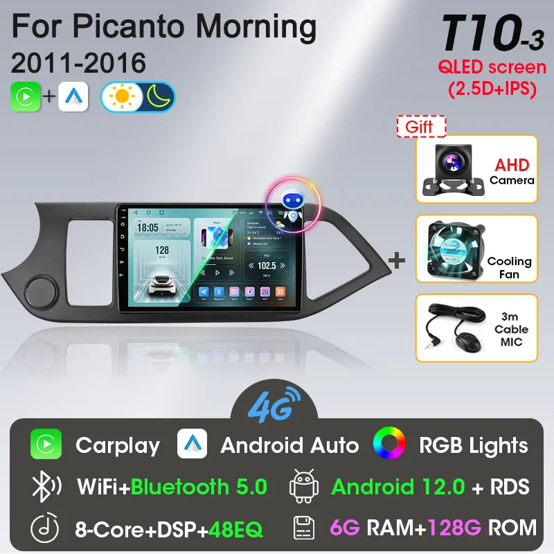 2-DIN Android Car Stereo for Kia Picanto / Morning (2011–2016) — CarPlay, Android Auto, GPS Navigation