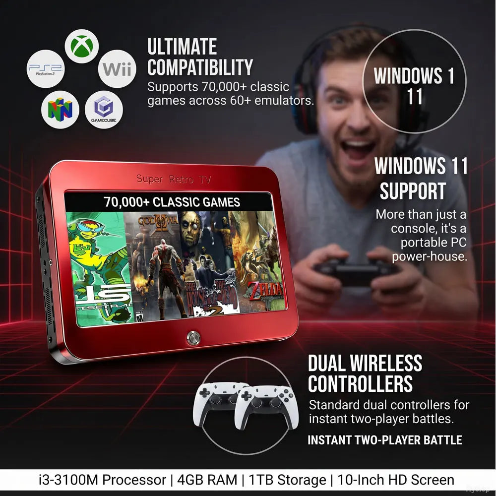 T1 Portable Game Console – 10.1" HD, 60+ Emulators, 2-4 Players