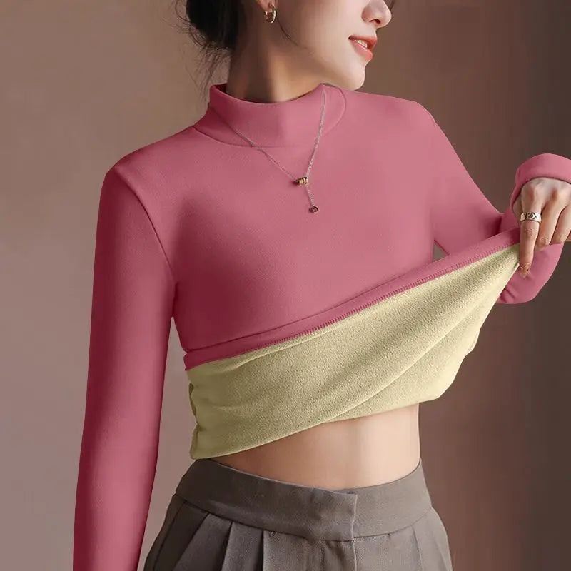 Women's Sweater Autumn Winter Retro with Velvet Lining Thickened Inner Wear Thermal Clothes Long-sleeved T-shirt Bottoming Shirt