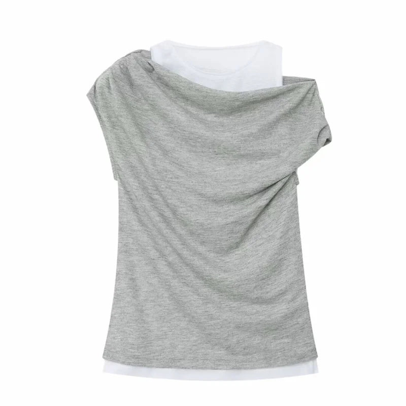 ETJ 2026 new women's fashion color-blocking and patchwork fake two-piece sexy off-the-shoulder short-sleeved T-shirt top