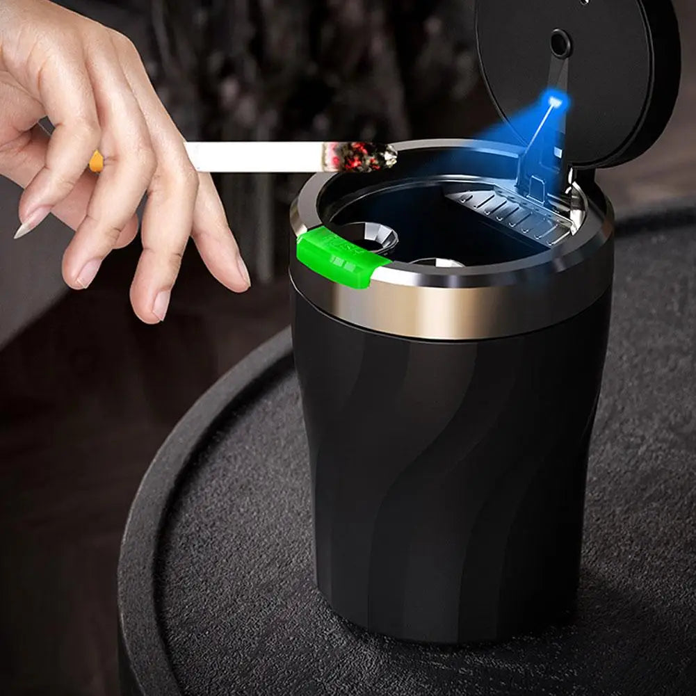 Portable Car Ashtray with LED Light Metal Liner Auto Ash Tray Large Capacity One-Click Open Interior Accessories