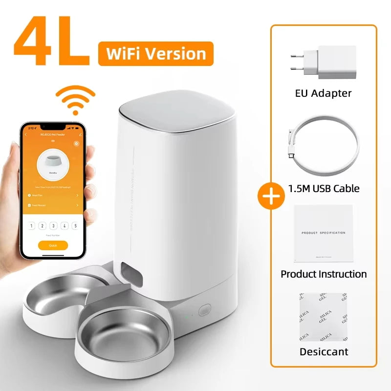 ROJECO Smart WiFi Automatic Cat Feeder – 4L Remote Control Kibble Dispenser for Cats & Dogs | Single & Dual Bowl