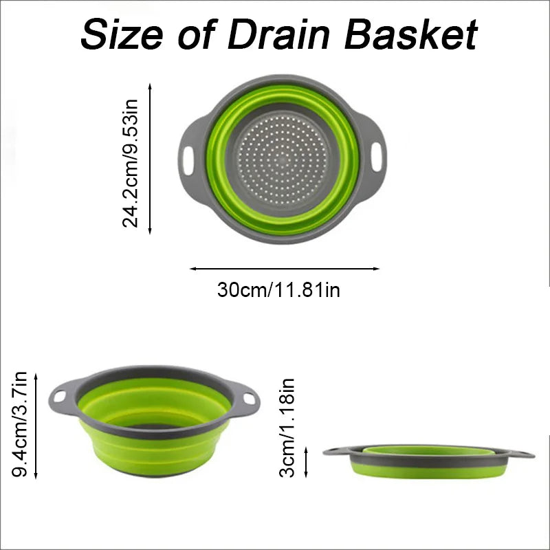 Single Pc Kitchen Travel Colander - Green Silicone Collapsible Strainer for Draining Pasta Fruits Vegetables