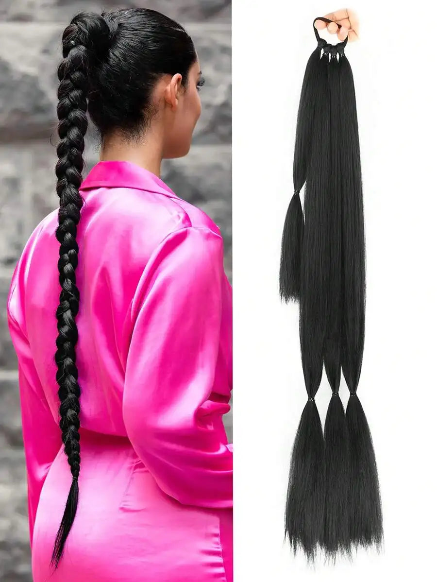 Long Braided Ponytail Hair Extensions With Hair Tie, Straight Wrap-Around Synthetic Hair, Natural Soft