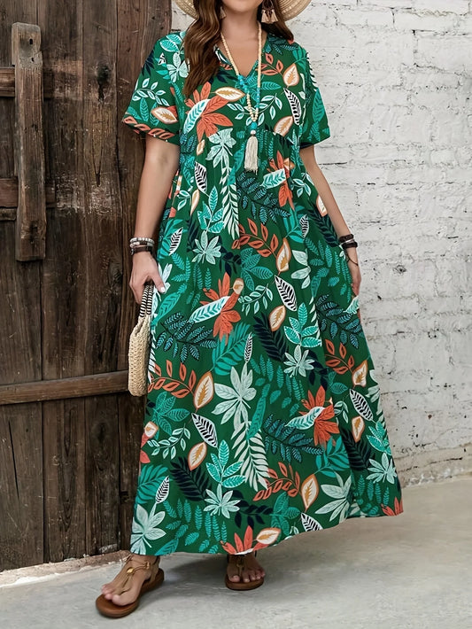 Plus Size Boho Tropical V-Neck Dress – Beach Maxi