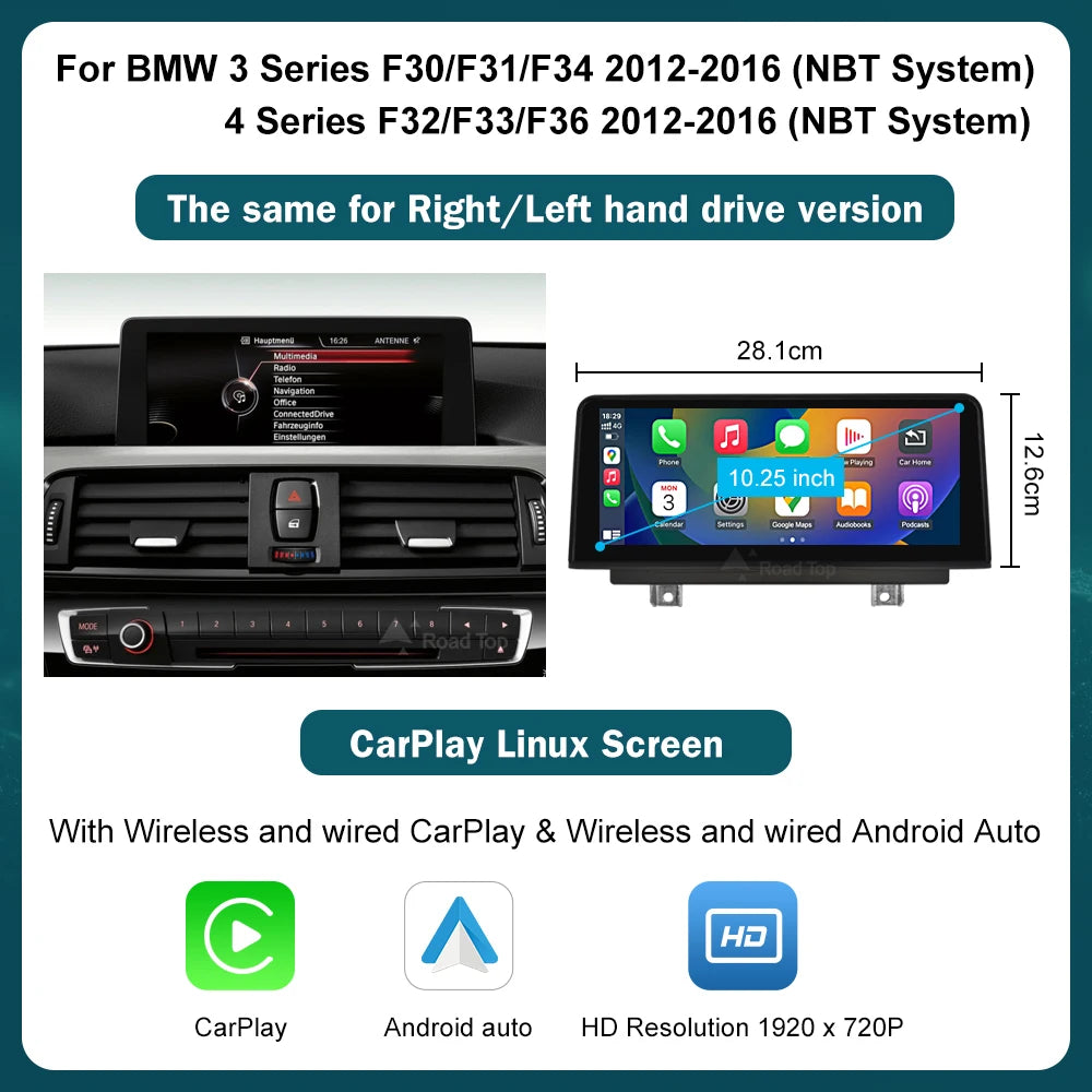 12.3" Wireless CarPlay & Android Auto Display Screen, Compatible with BMW 3 4 Series F30 F31 F32 F33 F34 F36