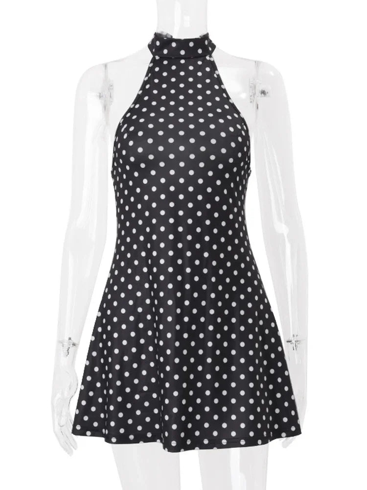 Chic Backless Polka Dot Halter Dress Women's Sleeveless Off Shoulder Lace Up Mini Vestidos 2026 Summer Lady Holiday Party Robe