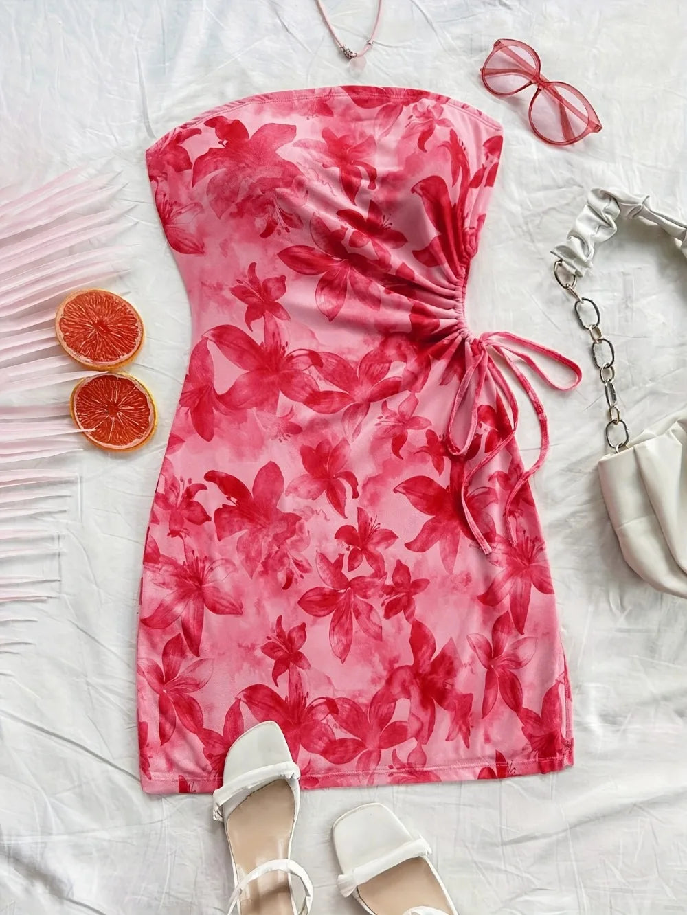 Women's 2026 Floral Print Tube Mini Dress Strapless Backless Party Club Short Ruched Drawstring Bodycon Party Dresses Streetwear