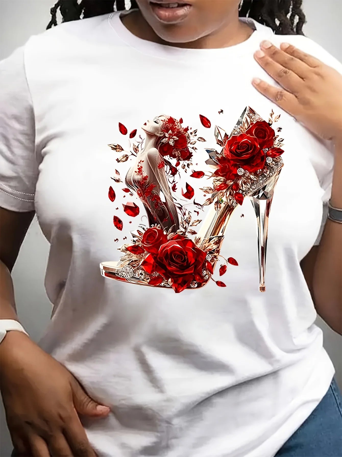 Short Sleeve Crew Neck Vibrant Crystal High Heel Rose Graphic Print Women's T-Shirt Urban Style Printed Design in Vibrant Colors