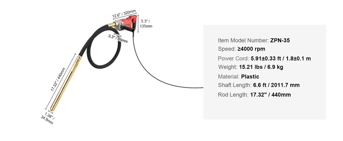 800W Concrete Vibrator, 13000 VPM Portable Pencil Cement Tool