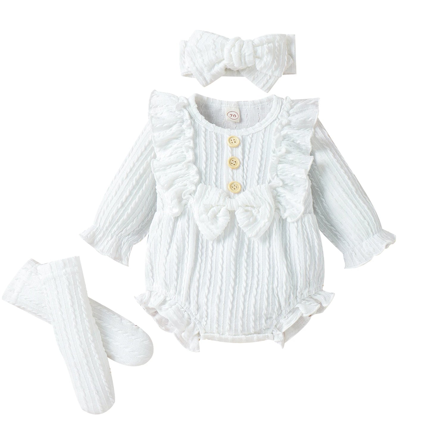 Infant Newborn Baby Girls 3Pcs Spring Autumn Outfits, Long Sleeve Button Front Ruffle Romper + Socks + Headband Set